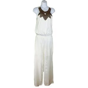 Wayan Wide Leg Jumpsuit Size M Sleeveless Beaded Gold Bib Collar White NWT